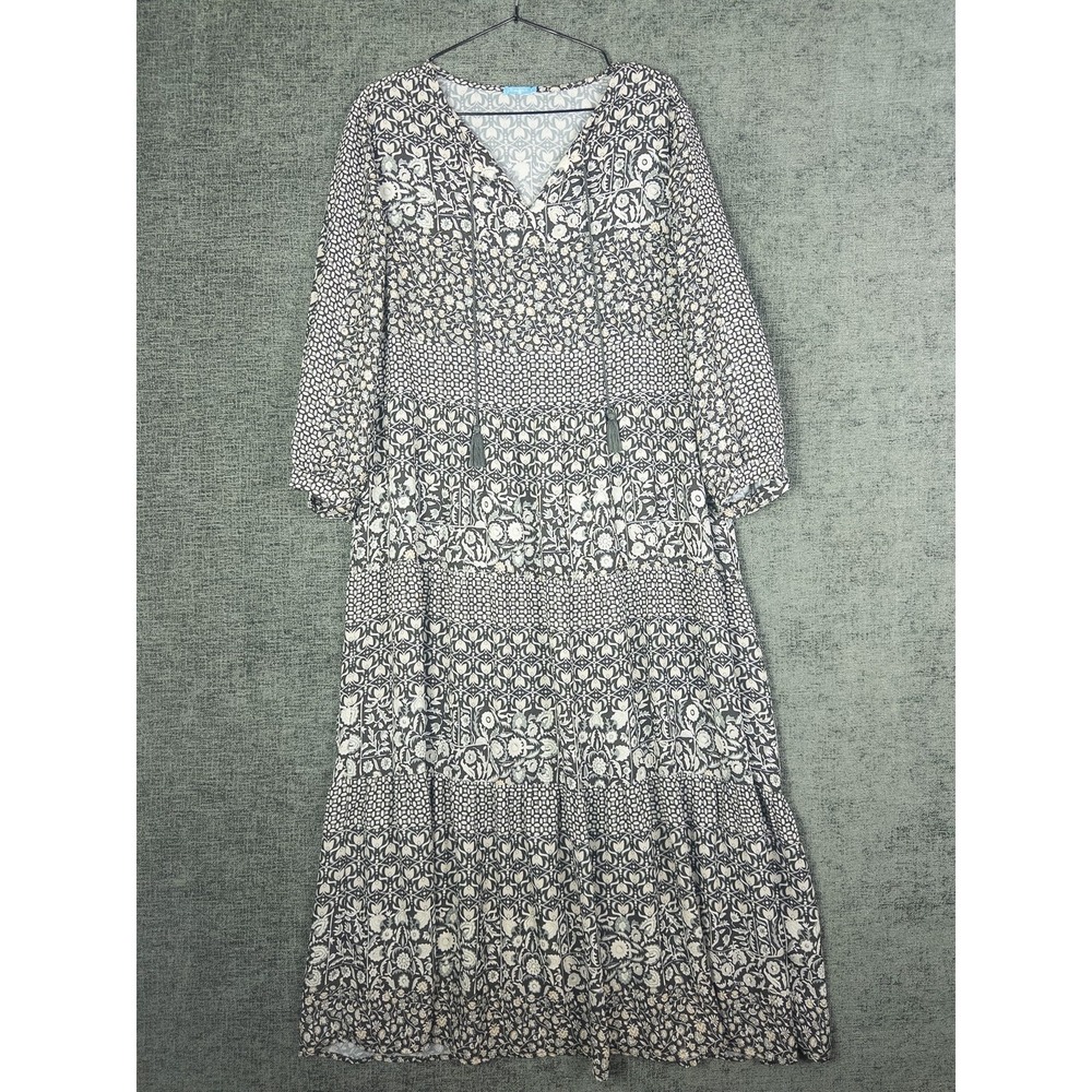 J.McLaughlin Tiered Maxi Dress Womens L Gray Floral Block Print Boho Tassel Tie